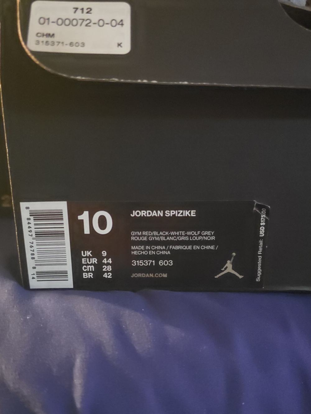 Jordan Spizike Box Label — Gym Red / Black / White / Wolf Grey